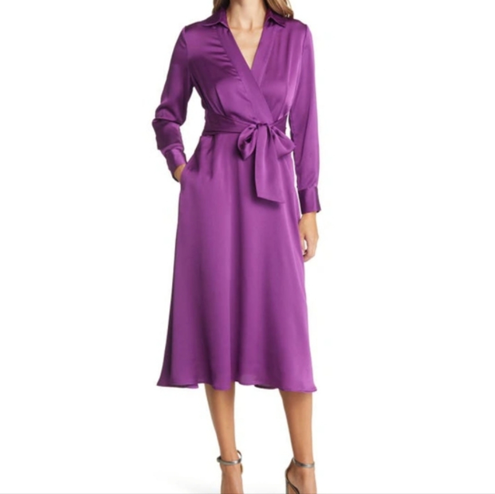 Tie Front Long Sleeve V-Neck Satin Shirtdress
